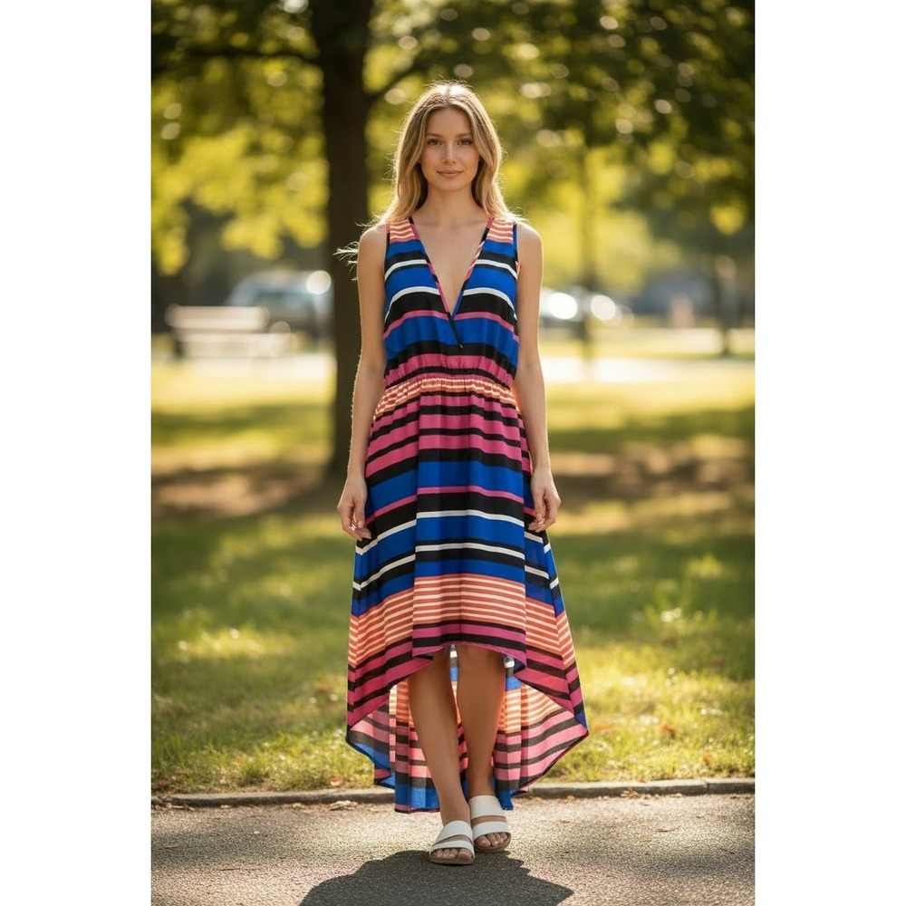 Fun & Flirt Striped‎ High-Low Dress Blue Pink Orange Size M Sleeveless Racerback